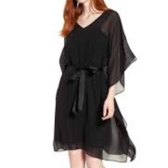 NWT Eileen Fisher Black Sheer Silk Georgette V-Neck Caftan Dress